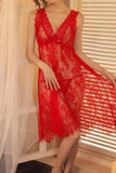 Red Myvelvettouch lace nightgown worn by a model with a neutral background