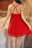Red Myvelvettouch lace nightgown worn by a person in a bedroom setting
