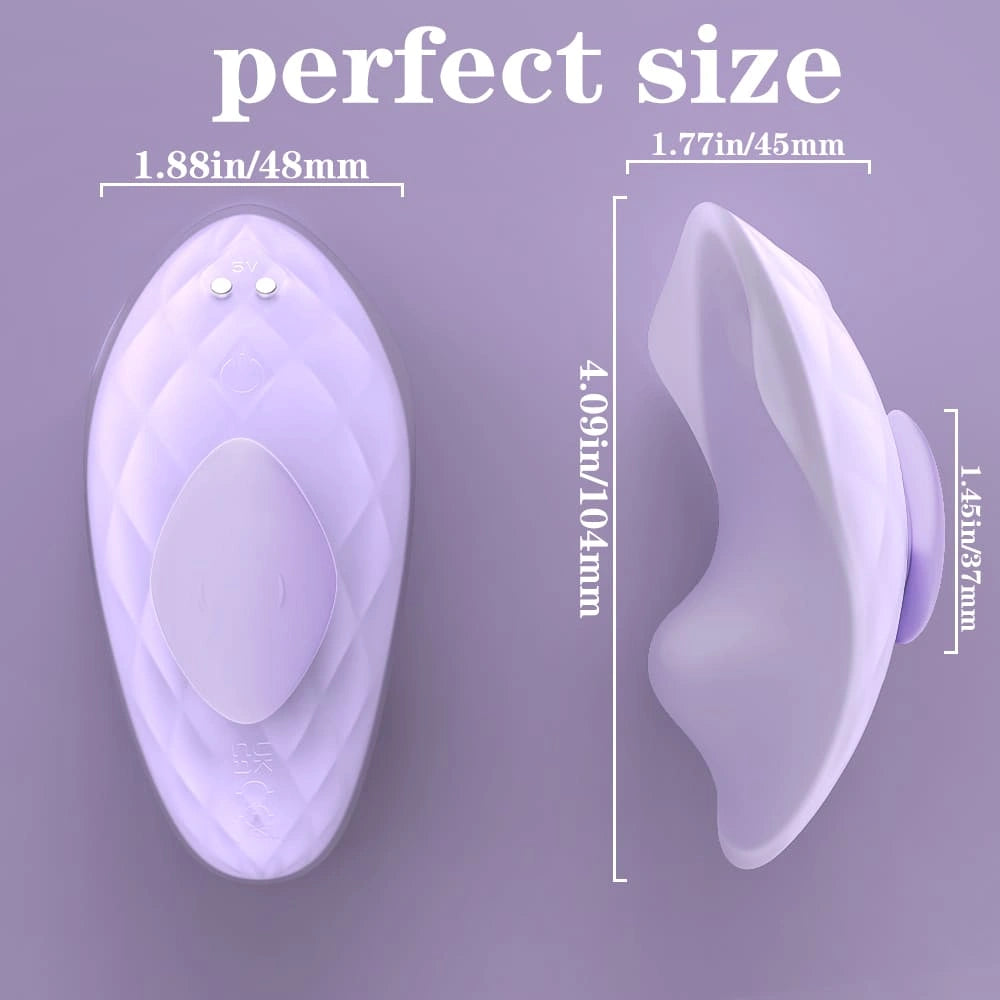 Myvelvettouch Lover Panty Vibrator with measurements on a purple background