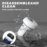 Cleaning instructions for Myvelvettouch Automatically Electric Aircraft Masturbator Cup with water splashes and text on a gray background