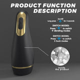 Black and gold Myvelvettouch Automatically Electric Aircraft Masturbator Cup with text describing its functions on a gray background