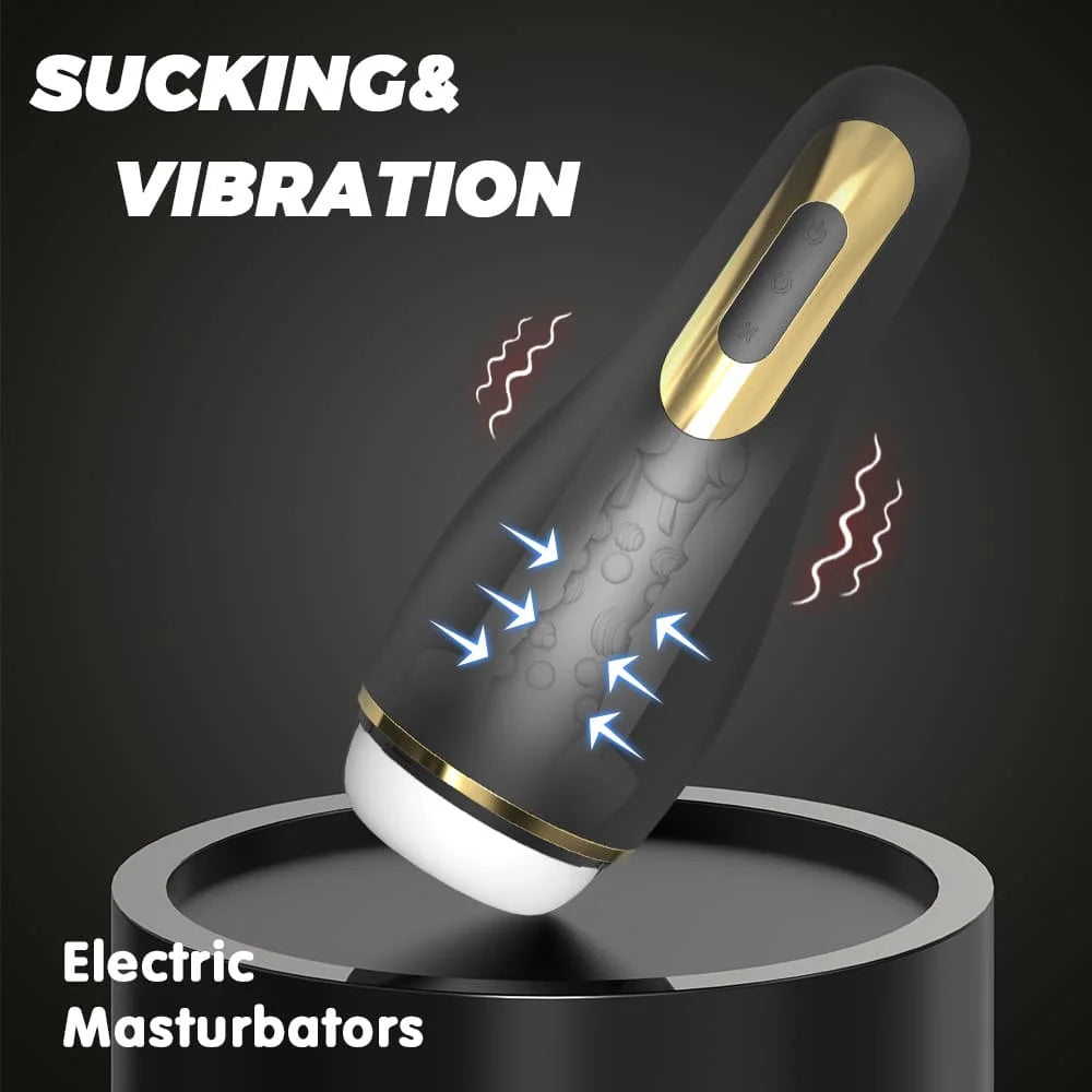 Myvelvettouch Automatically Electric Aircraft Masturbator Cup with 'Sucking & Vibration' text on a dark background