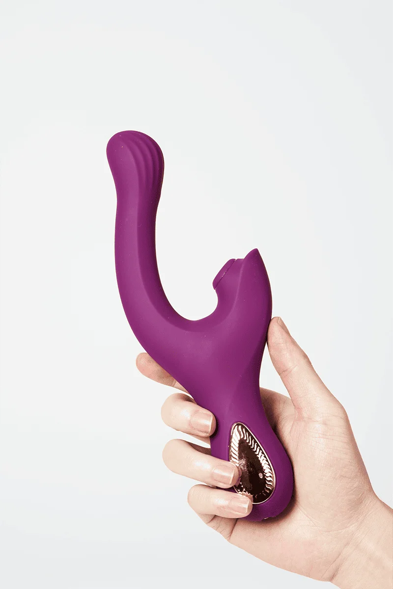 Myvelvettouch Elegant Purple G-Spot and Clitoral Sucking Vibrator 2-in-1 held in a hand against a light gray background