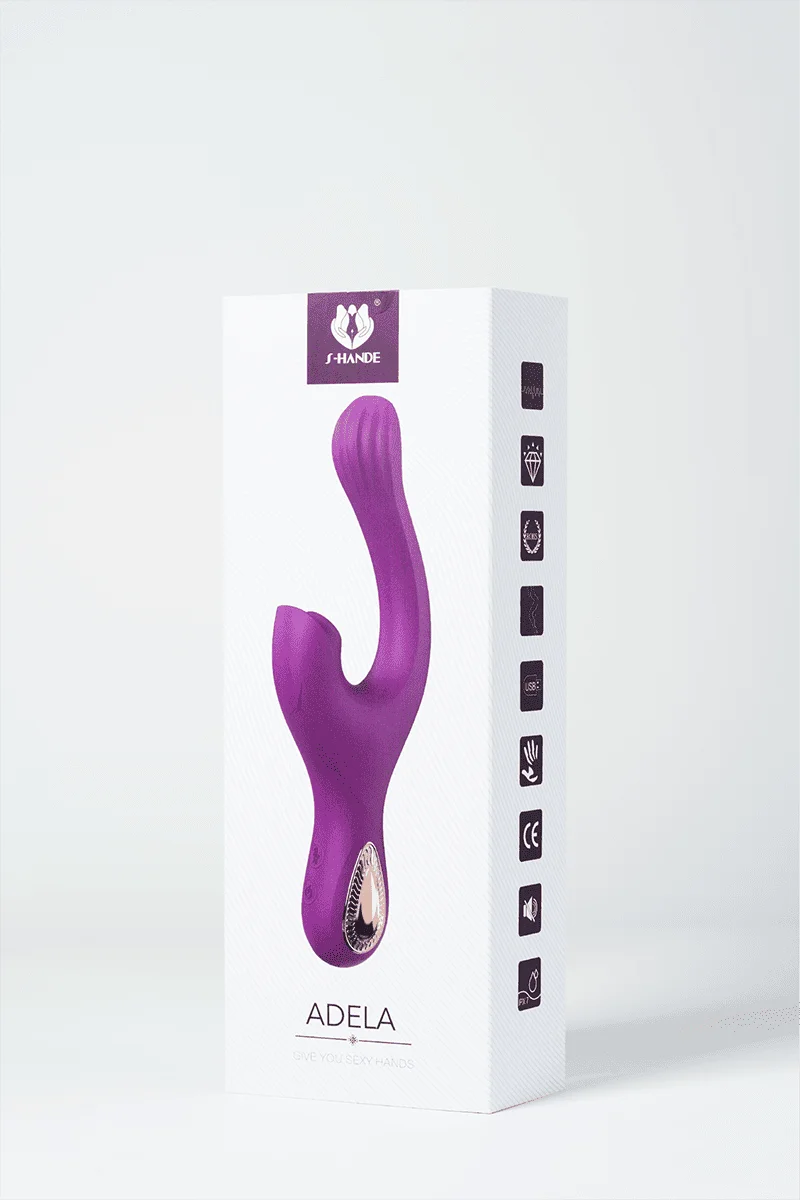 Myvelvettouch Elegant Purple G-Spot and Clitoral Sucking Vibrator 2-in-1 with packaging on a white background