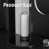 Product size measurement of a Myvelvettouch Heated Masturbation Cup with a textured pattern, enclosed in a glass dome on a black stand.