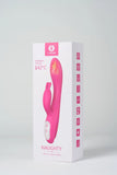Pink Myvelvettouch Heated Rabbit Vibrator with packaging on a white background