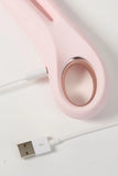 Pink Myvelvettouch Multifunctional Clitoral Stimulator Dual Head Vibrator with USB cable on a light gray background