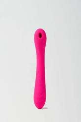 Pink silicone Myvelvettouch Portable Clitoral Suction and Vibrator 2-in-1 on a white background