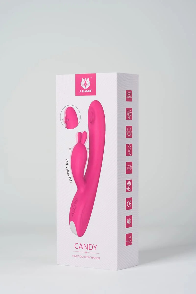Pink Myvelvettouch Rabbit Clitoral Stimulation and G-spot Slapping Vibrator with packaging on a white background