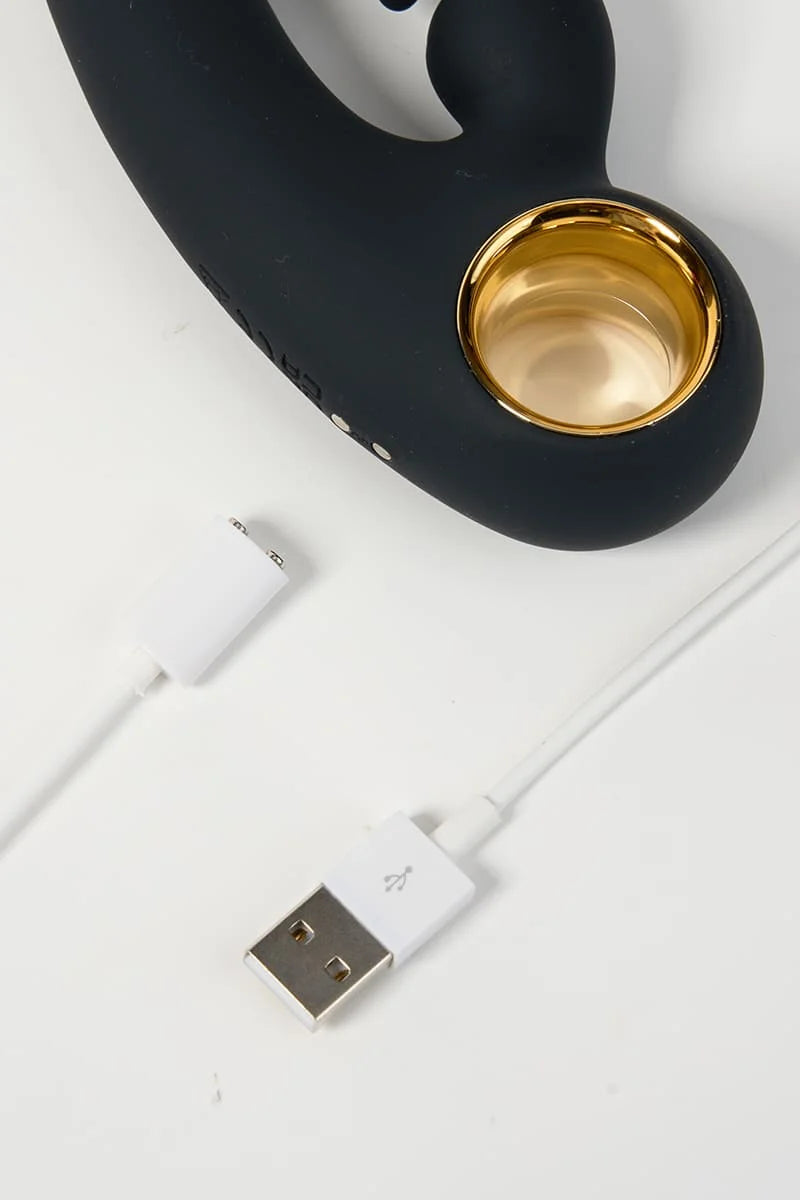 Black Myvelvettouch Rabbit Clitoral Stimulator and Finger G-spot Vibrator Massager and USB cable on a white background