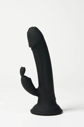 Black silicone Myvelvettouch Rabbit Suction Cup Dildo on a white background