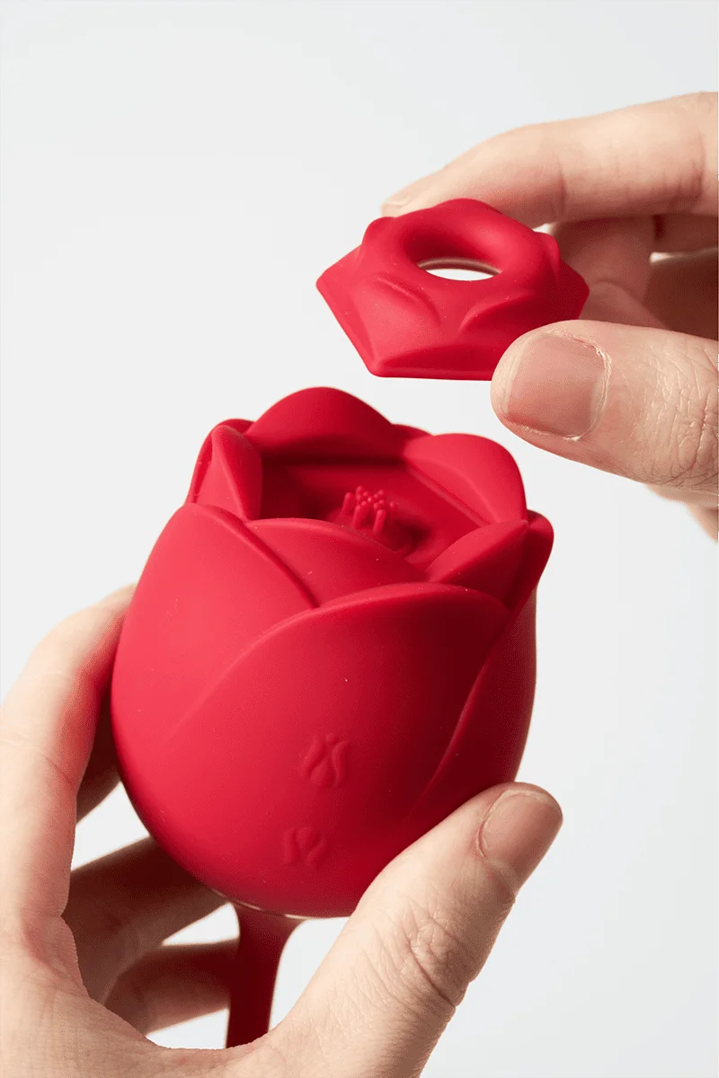 Myvelvettouch Rose 3-in-1 Sucking and Beating Egg Vibrator held by hands against a light gray background