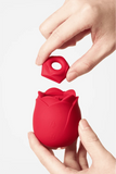 Myvelvettouch Rose Toy Clitoris Sucking and Slapping Massager with a hand holding it against a white background