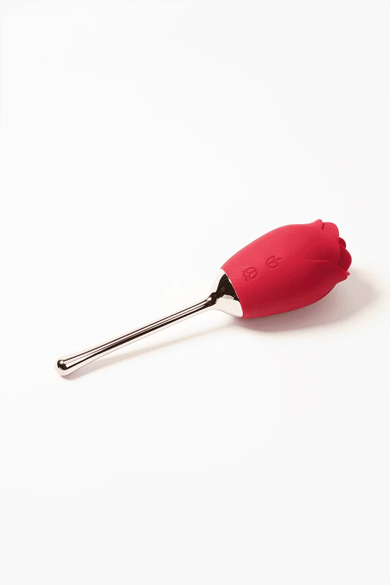 Myvelvettouch Rose Vibrator with Tongue Licking and Clitoral Stimulation with metal handle on a white background