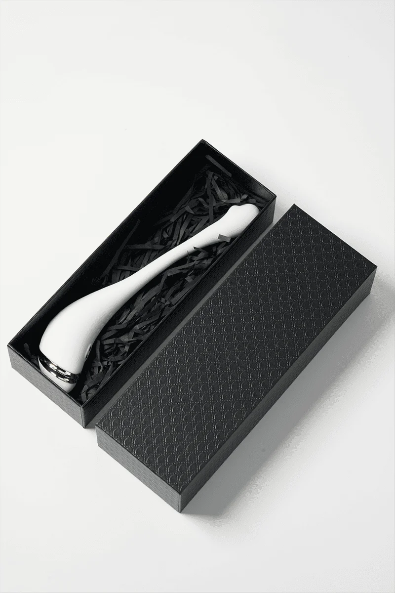 Myvelvettouch Swan Neck G-spot Stimulator Vibrator in a black textured box on a white background