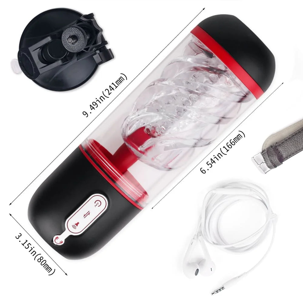 Black and red Suction Cup Automatic Sucking Vibration Voice Aircraft Cup with measurements on a white background