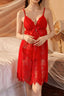 Red Myvelvettouch lace nightgown worn by a person in a bedroom setting