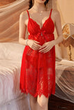 Red Myvelvettouch lace nightgown worn by a person in a bedroom setting