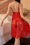 Red Myvelvettouch lace nightgown worn by a person in a bedroom setting