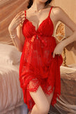 Red Myvelvettouch lace lingerie set worn by a model in a bedroom setting