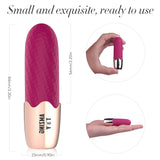 Myvelvettouch wine rose and golden bullet vibrator with measurements and a hand holding it.