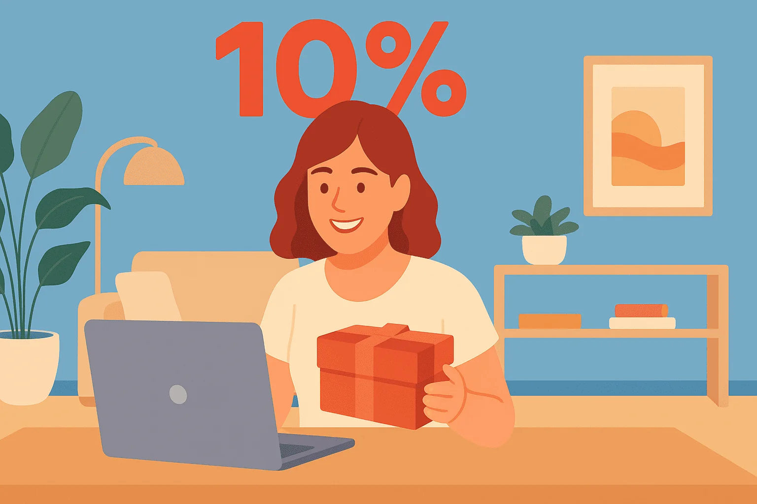 Illustration of a woman holding a gift box with a 10% discount sign in a room.
