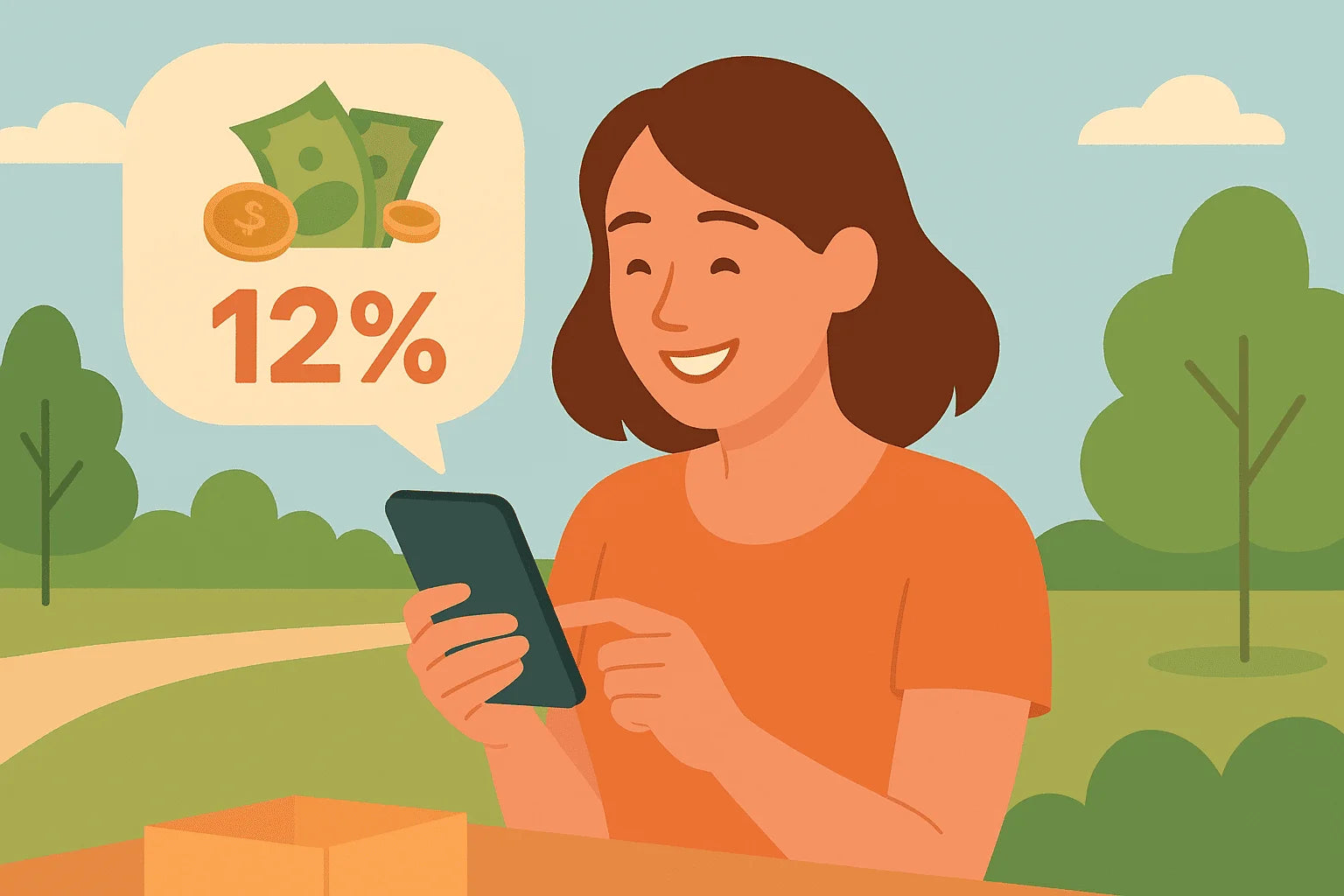 Illustration of a woman holding a phone with a speech bubble showing a 12% affiliate rate, set against a green outdoor background.
