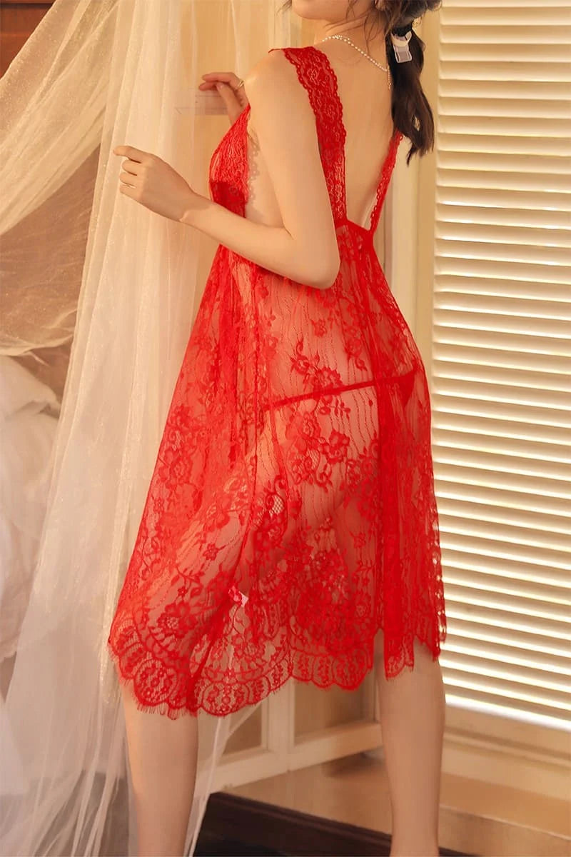 Red Myvelvettouch lace dress with floral patterns on a neutral background