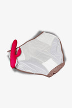 French Lace Panties Rose Gold with a pink vibrator on a white background