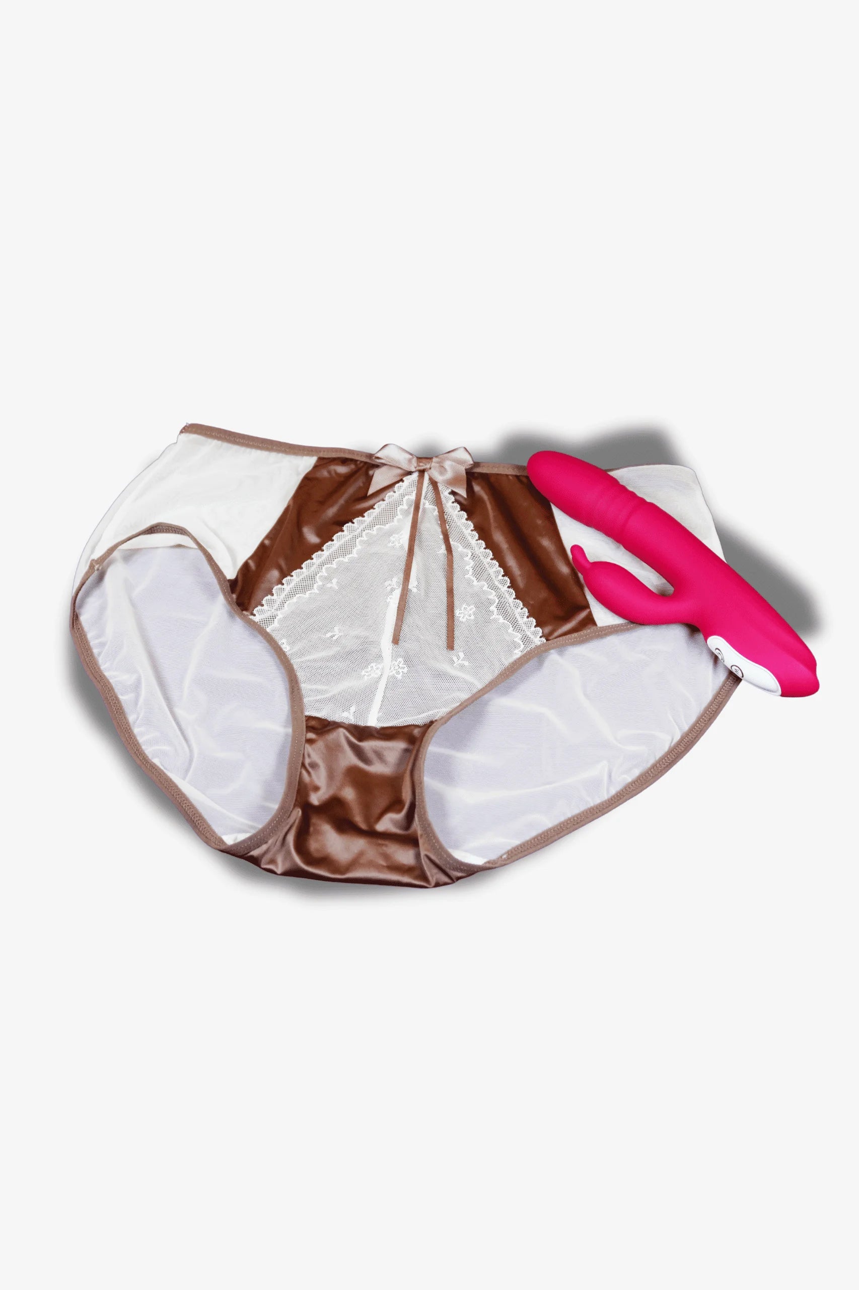 French Lace Panties Rose Gold with a pink vibrator on a white background Main image