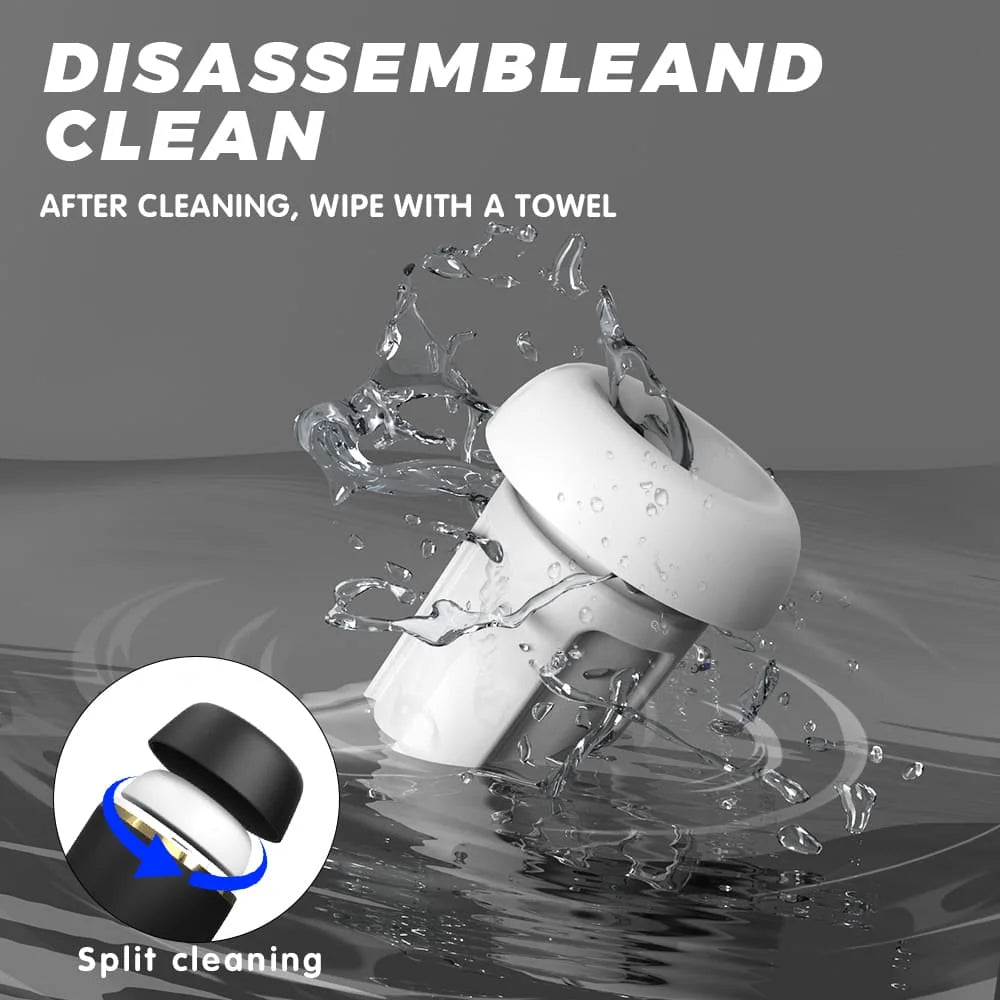 Cleaning instructions for Myvelvettouch Automatically Electric Aircraft Masturbator Cup with water splashes and text on a gray background