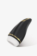 Black and gold Myvelvettouch Automatically Electric Aircraft Masturbator Cup with a white base on a white background
