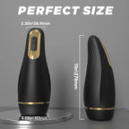 Black and gold Myvelvettouch Automatically Electric Aircraft Masturbator Cup with measurements on a gray background
