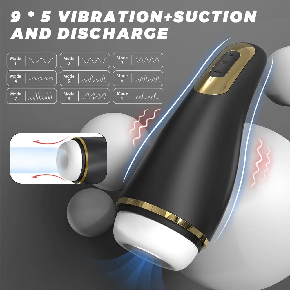 Black and gold Myvelvettouch Automatically Electric Aircraft Masturbator Cup with vibration and suction features on a gray background