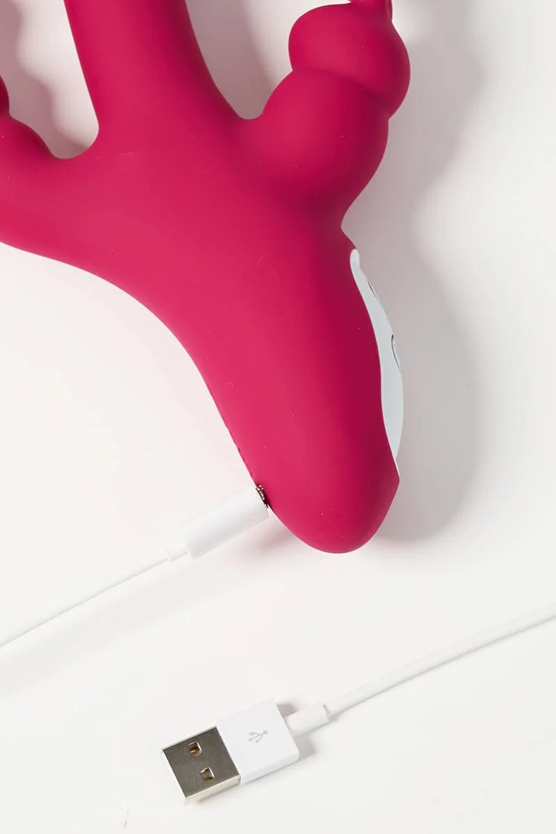 Pink silicone Myvelvettouch Dual Stimulation Rabbit Vibrator with Anal Beads and Vaginal Insertion with a USB cable on a white background