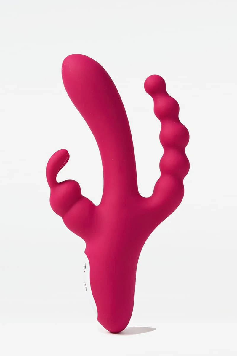 Pink Myvelvettouch Dual Stimulation Rabbit Vibrator with Anal Beads and Vaginal Insertion on a white background