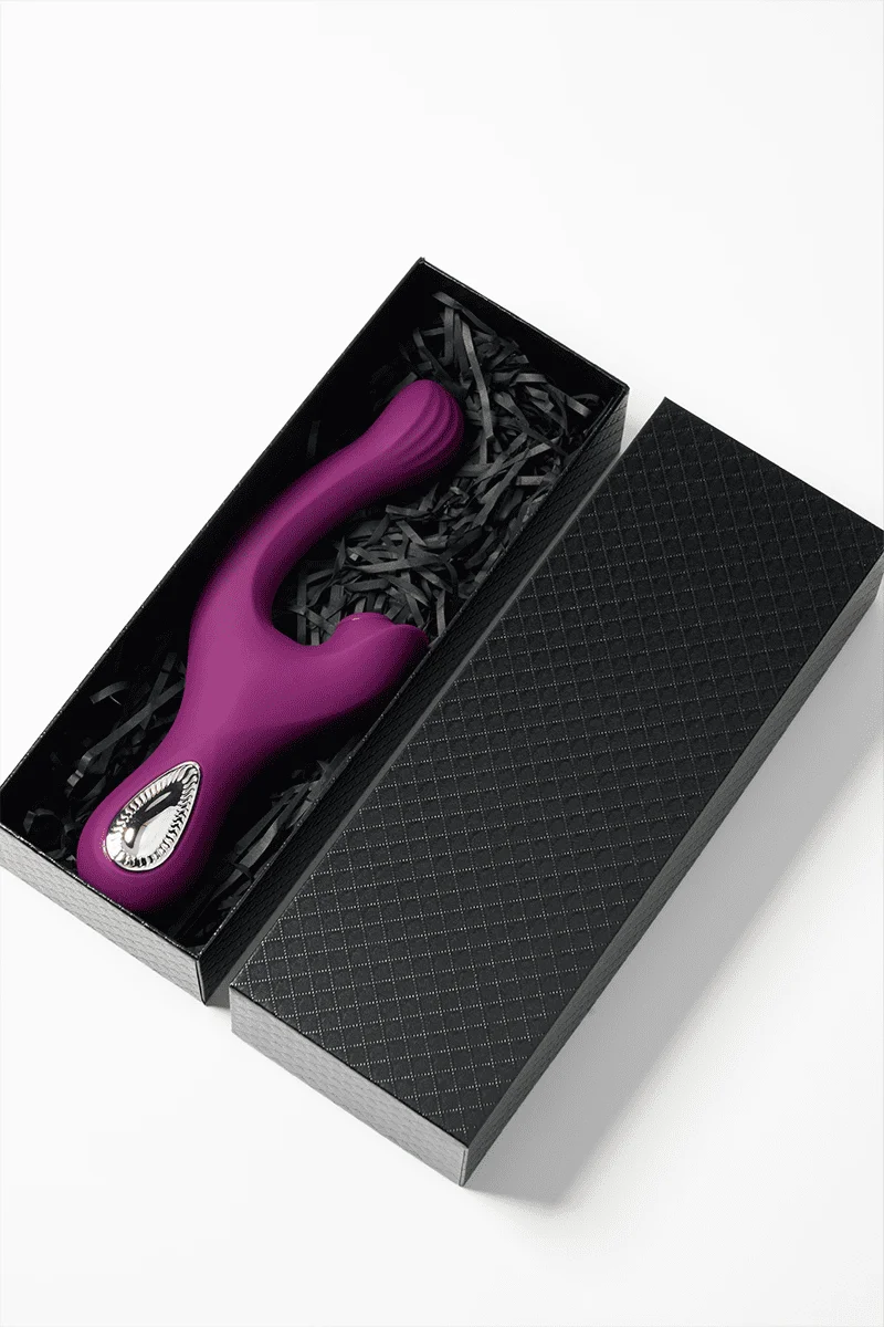 Myvelvettouch Elegant Purple G-Spot and Clitoral Sucking Vibrator 2-in-1 in a black box on a white background