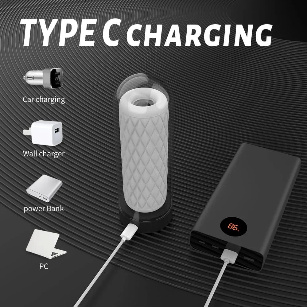 Myvelvettouch Heated Masturbation Cup with Type C charging cable on a textured black background