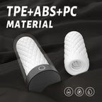 Black and white Myvelvettouch Heated Masturbation Cup with 'TPE+ABS+PC MATERIAL' text on a dark background