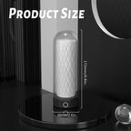 Product size measurement of a Myvelvettouch Heated Masturbation Cup with a textured pattern, enclosed in a glass dome on a black stand.