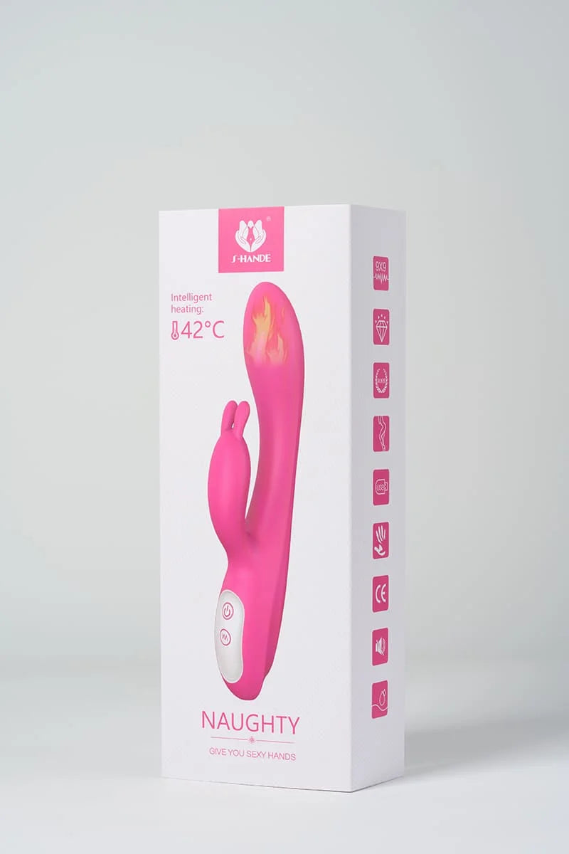 Pink Myvelvettouch Heated Rabbit Vibrator with packaging on a white background