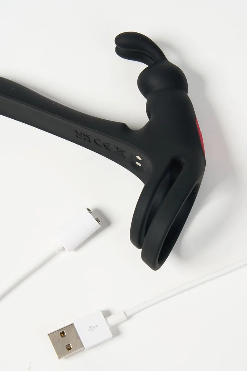 Black Myvelvettouch Rabbit Couple Vibrating Cock Ring with a USB cable on a white background