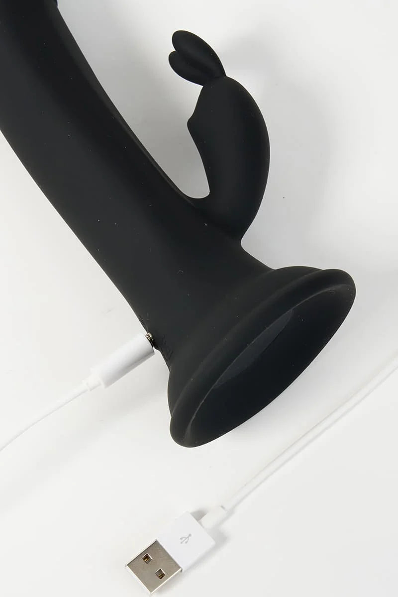 Black Myvelvettouch Rabbit Suction Cup Dildo with USB charger on a white background
