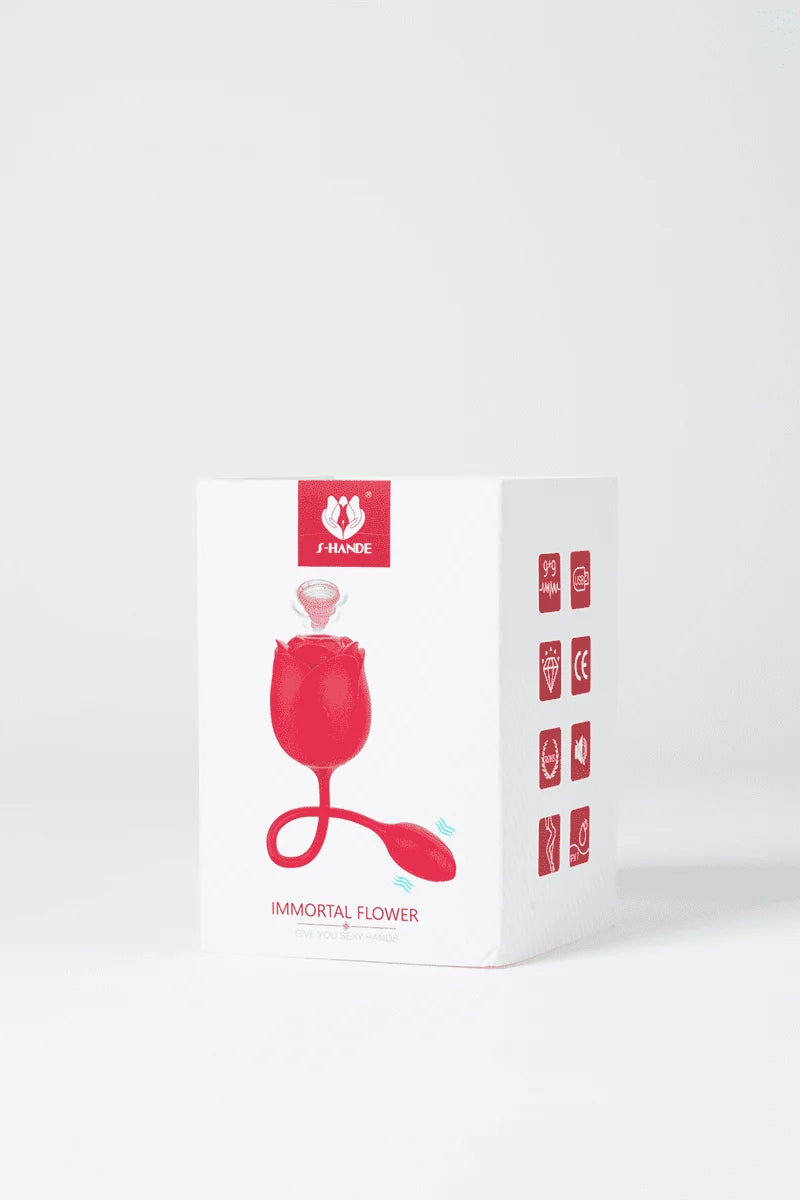 Product packaging of Myvelvettouch Rose 3-in-1 Sucking and Beating Egg Vibrator on a white background