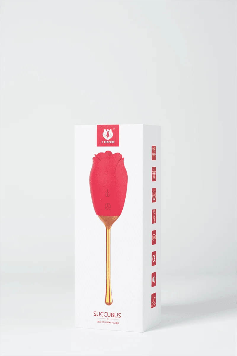 Myvelvettouch Rose Vibrator with Tongue Licking and Clitoral Stimulation with metal handle in packaging with branding on a white background