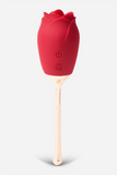 Myvelvettouch Rose Vibrator with Tongue Licking and Clitoral Stimulation with metal handle on a white background