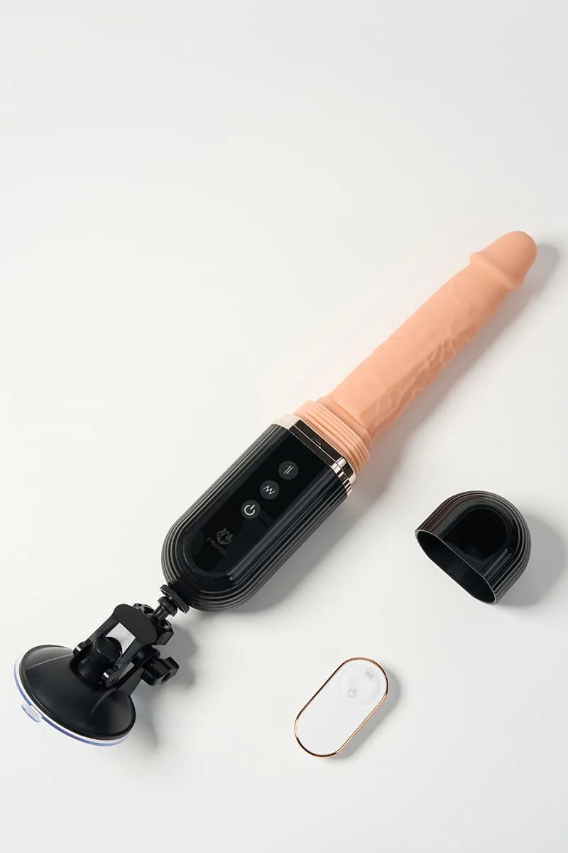Myvelvettouch Suction Cup Vibrating Dildo with Thrusting and Remote Control with black base and beige shaft on a white background
