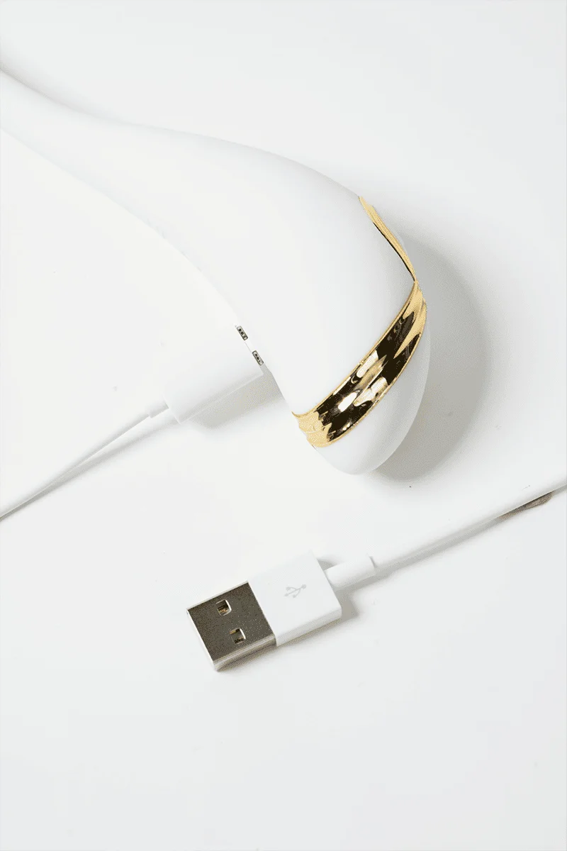 Myvelvettouch Swan Neck G-spot Stimulator Vibrator with USB cable on a white background