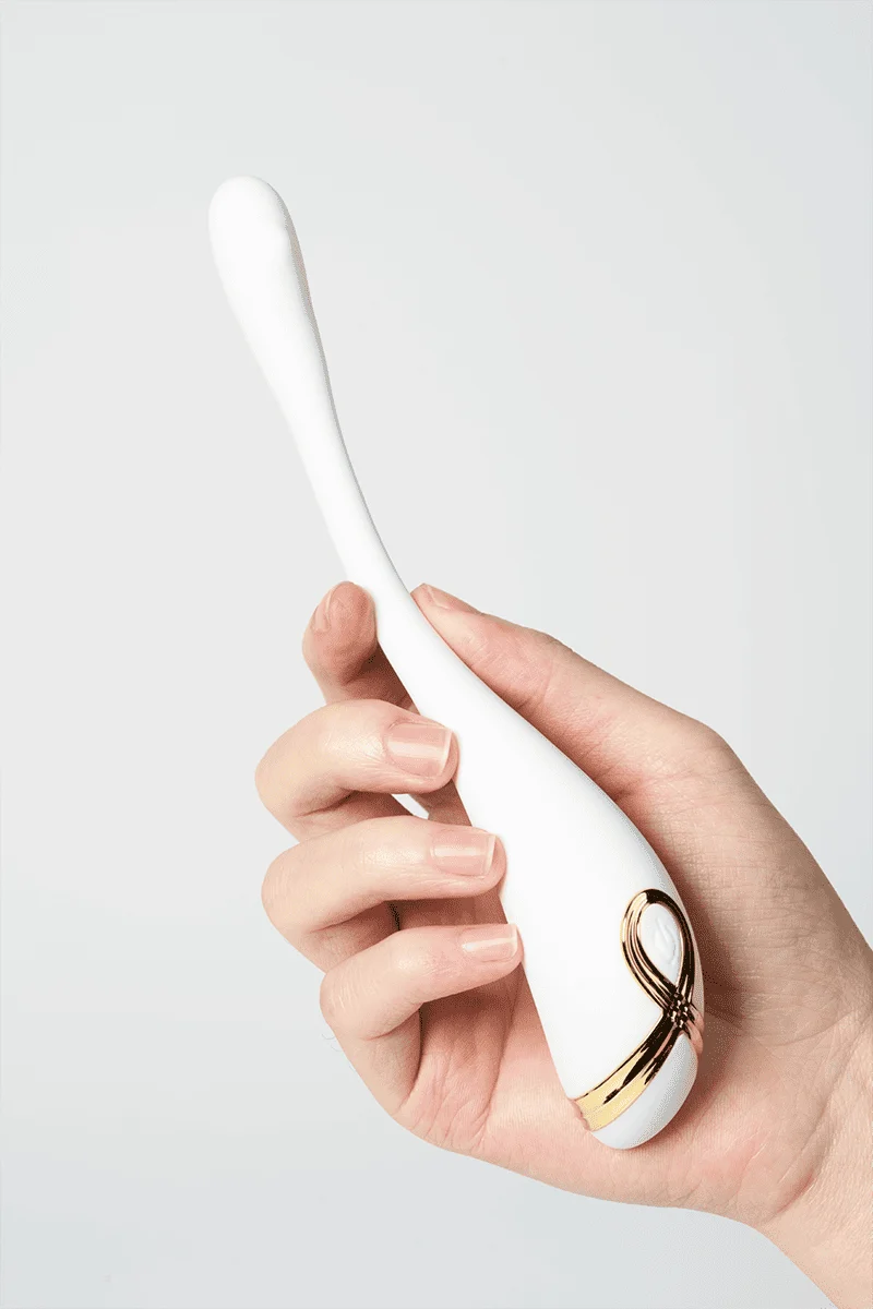 Hand holding Myvelvettouch Swan Neck G-spot Stimulator Vibrator against a light gray background