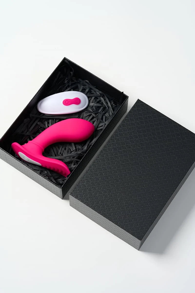 Myvelvettouch Women’s Thin Wearable Vibrator and Remote Control in a black box on a white background